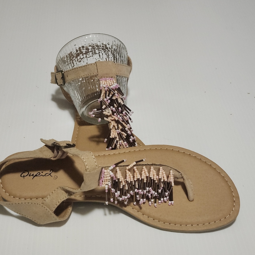 Qupid Tan and Pink Sandals with Decorative Strap
